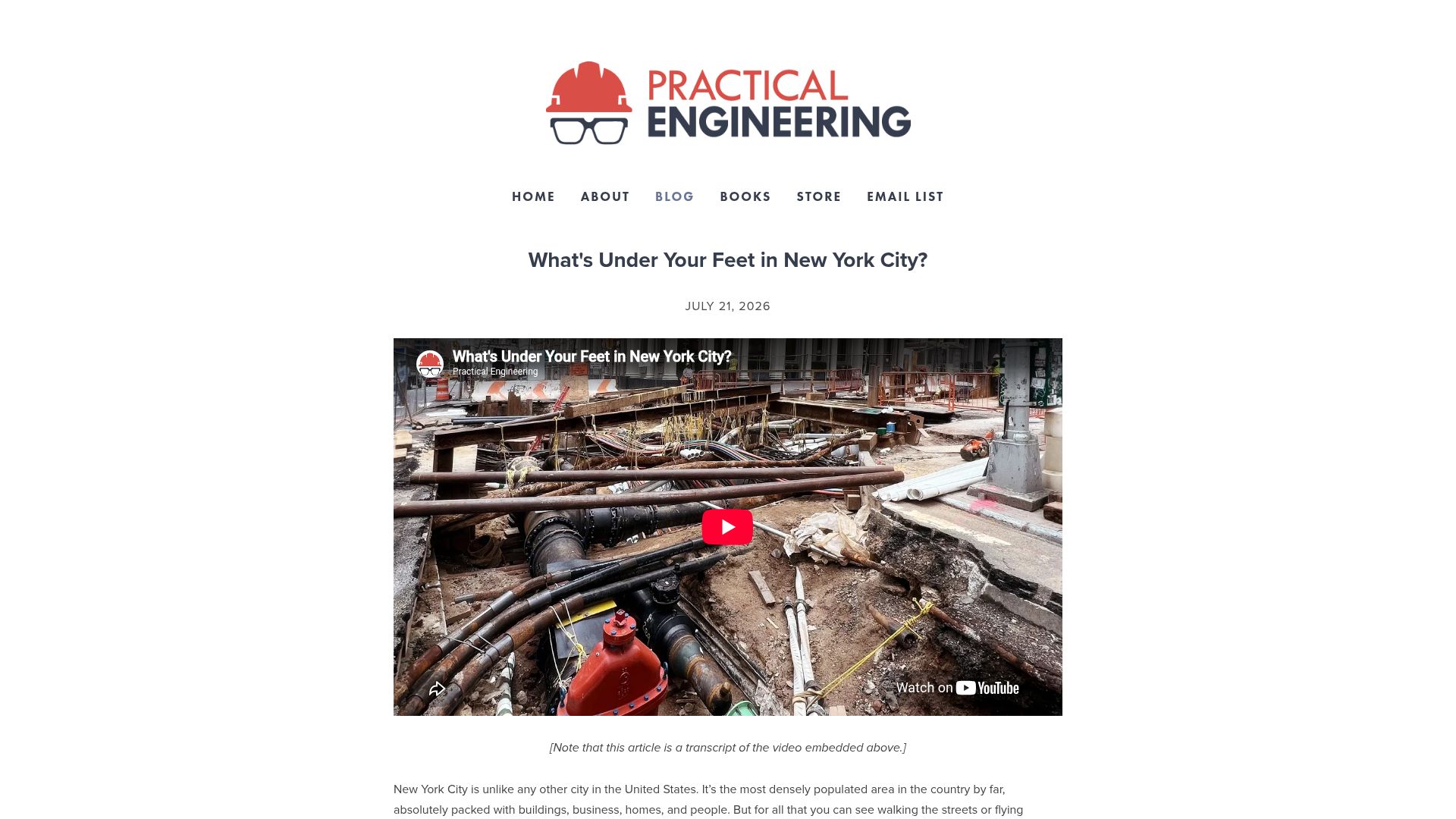 Screenshot of practical.engineering: What's Under Your Feet in New York City?