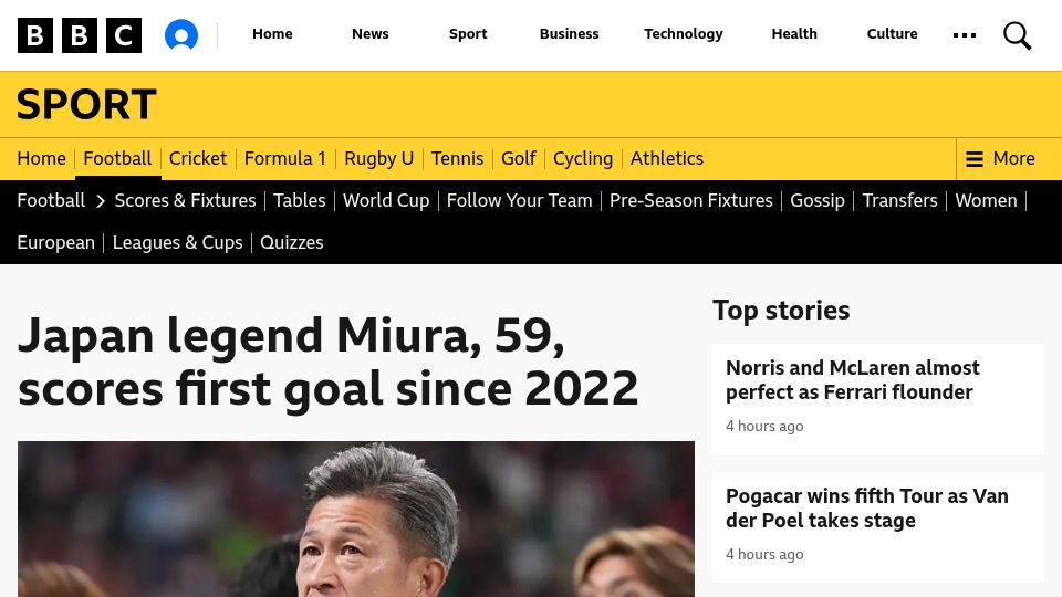 Screenshot of bbc.com: Japan legend Miura, 59, scores first goal since 2022
