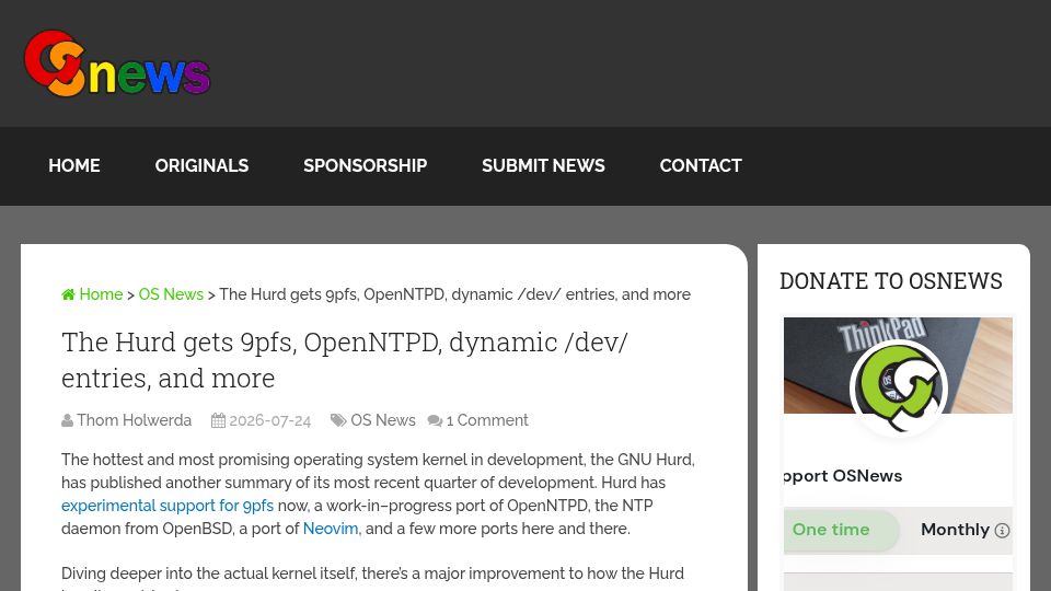 Screenshot of osnews.com: GNU Hurd gets 9pfs, OpenNTPD, dynamic /dev/ entries, and more