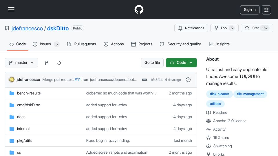 Screenshot of github.com: DskDitto: Ultra-fast, parallel duplicate-file detector