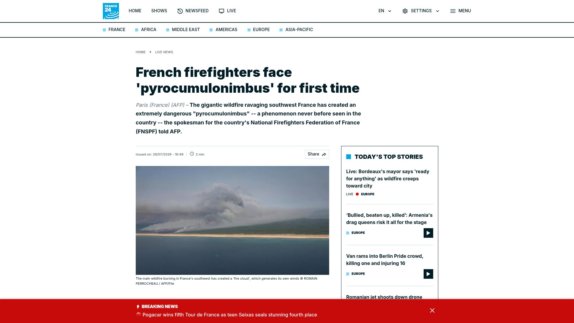Screenshot of france24.com: French firefighters face 'pyrocumulonimbus' for first time