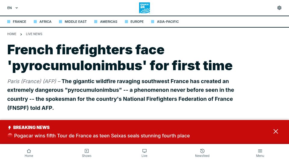 Screenshot of france24.com: French firefighters face 'pyrocumulonimbus' for first time