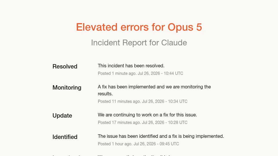 Screenshot of status.claude.com: Elevated Errors for Opus 5
