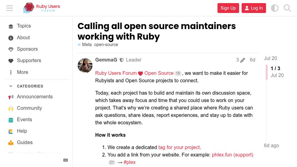 Screenshot of rubyforum.org: Calling all open source maintainers working with Ruby