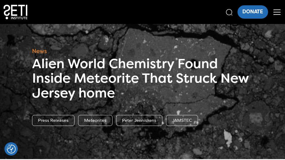 Screenshot of seti.org: Alien World Chemistry Found Inside Meteorite That Struck New Jersey Home