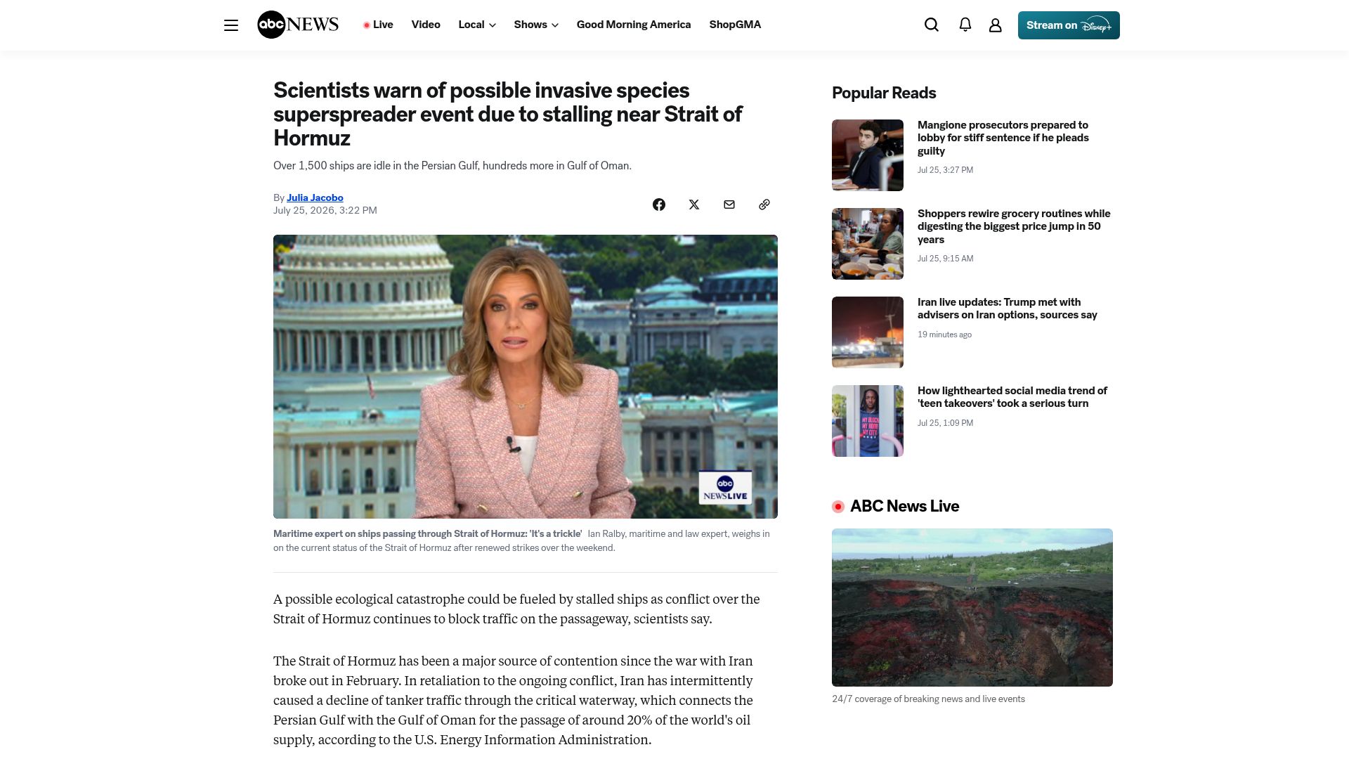 Screenshot of abcnews.com: Possible invasive species superspreader event near Strait of Hormuz