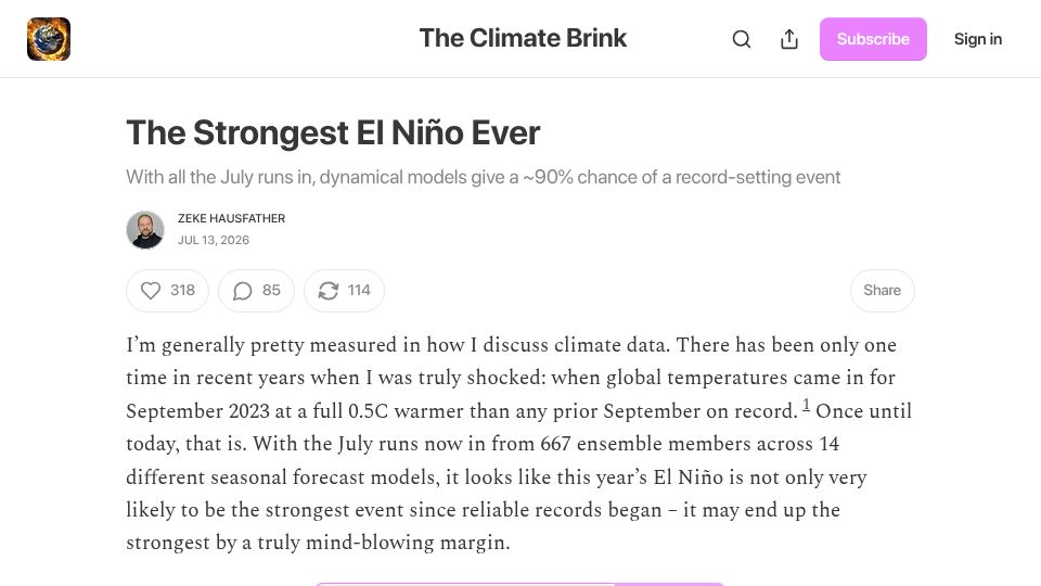 Screenshot of theclimatebrink.com: The Strongest El Niño Ever