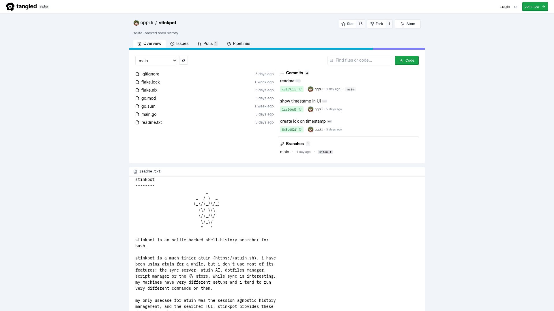 Screenshot of tangled.org: Stinkpot: SQLite-backed shell history