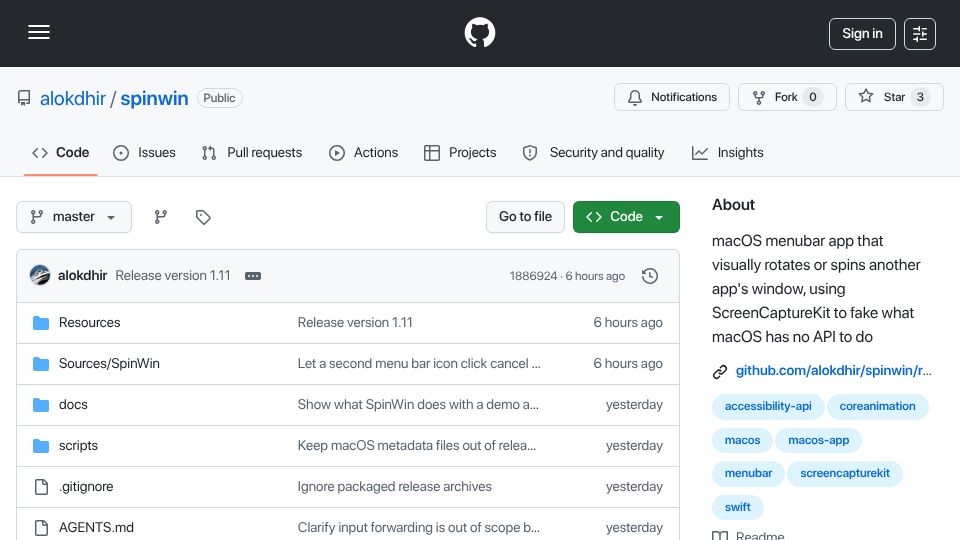 Screenshot of github.com: Show HN: SpinWin – A macOS menu bar app to visually rotate or spin any window