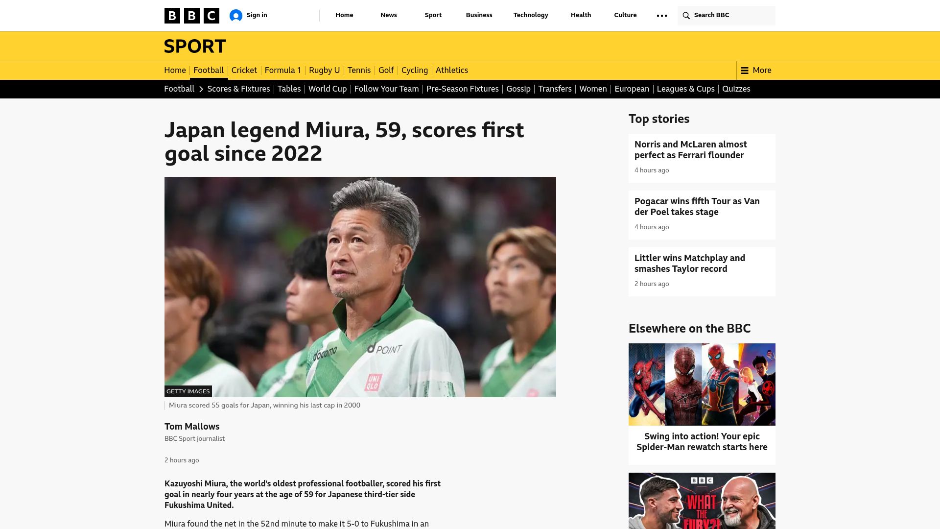 Screenshot of bbc.com: Japan legend Miura, 59, scores first goal since 2022