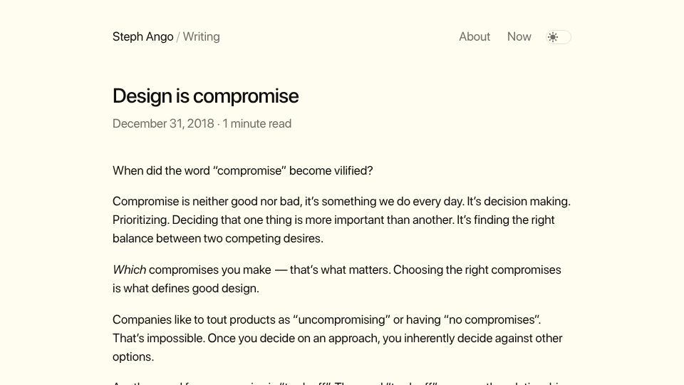 Screenshot of stephango.com: Design is compromise