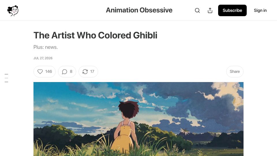 Screenshot of animationobsessive.substack.com: The Artist Who Colored Ghibli
