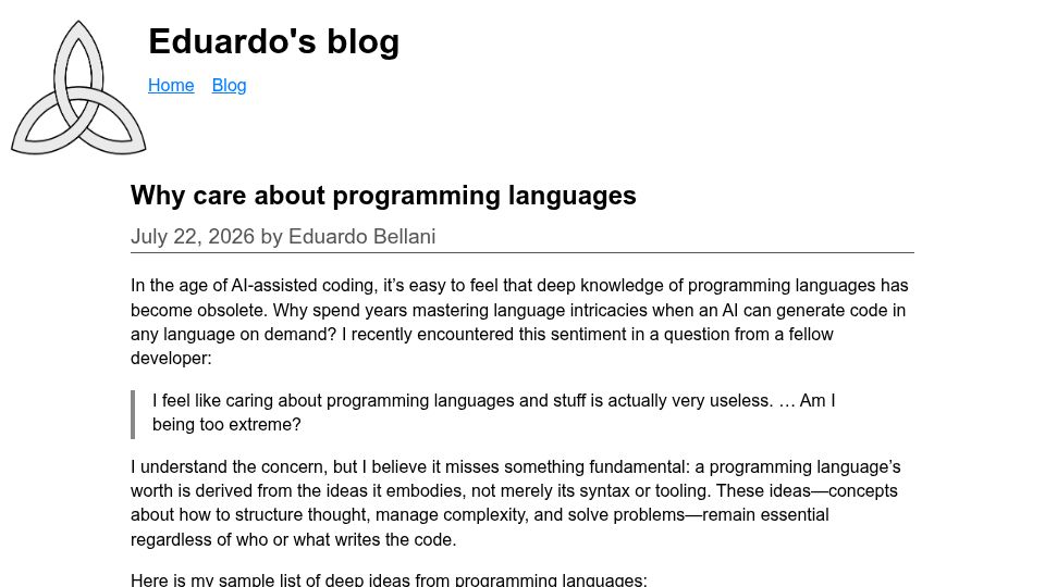 Screenshot of ebellani.github.io: Why care about programming languages