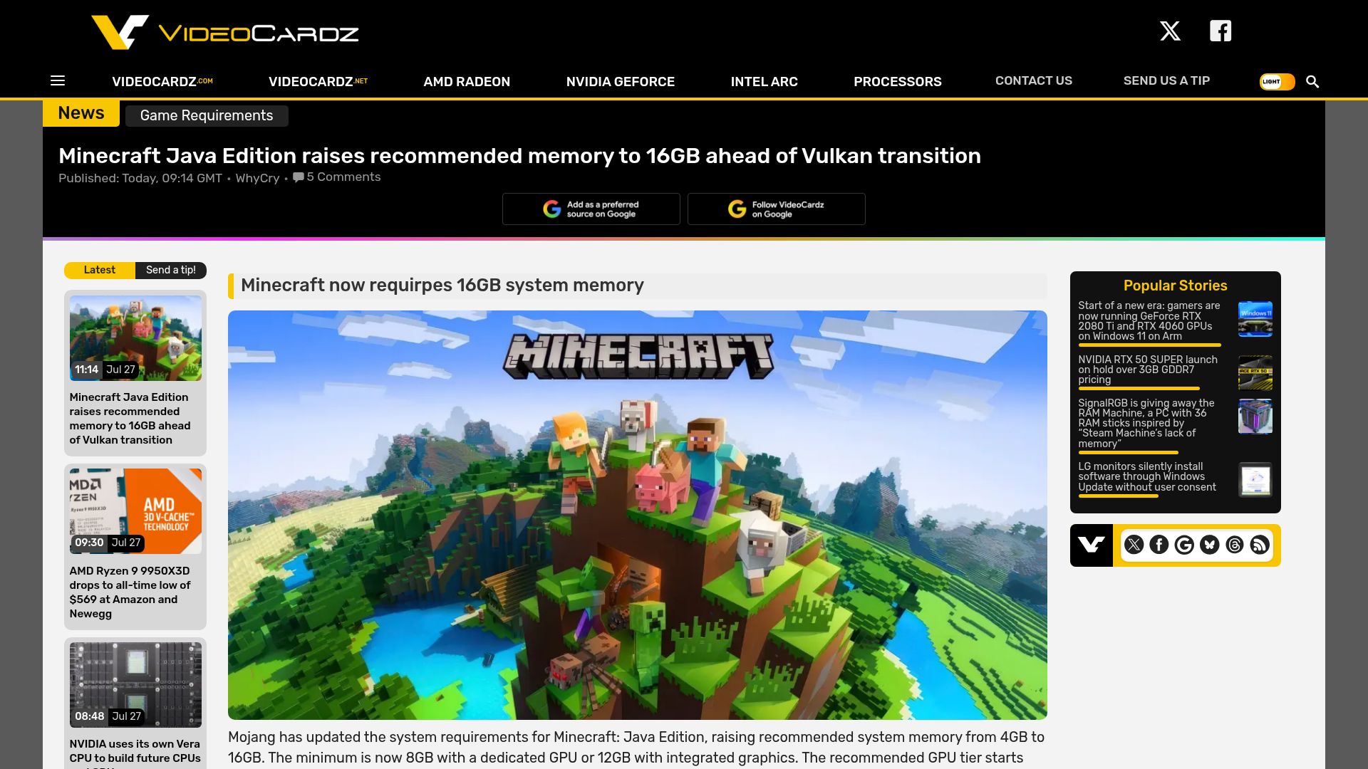 Screenshot of videocardz.com: Minecraft Java raises recommended memory to 16GB ahead of Vulkan transition