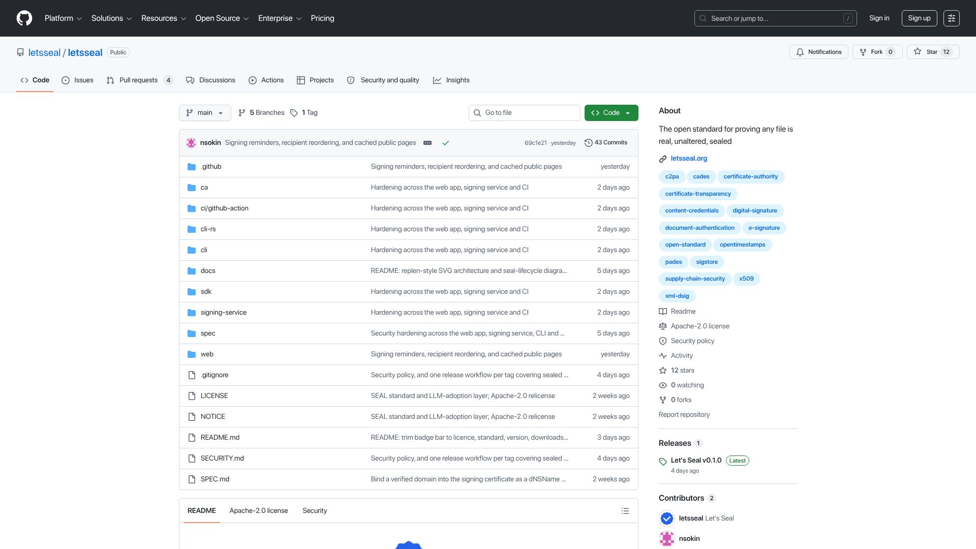 Screenshot of github.com: Show HN: Let's Seal – Let's Encrypt for document signing, free and self-hosted