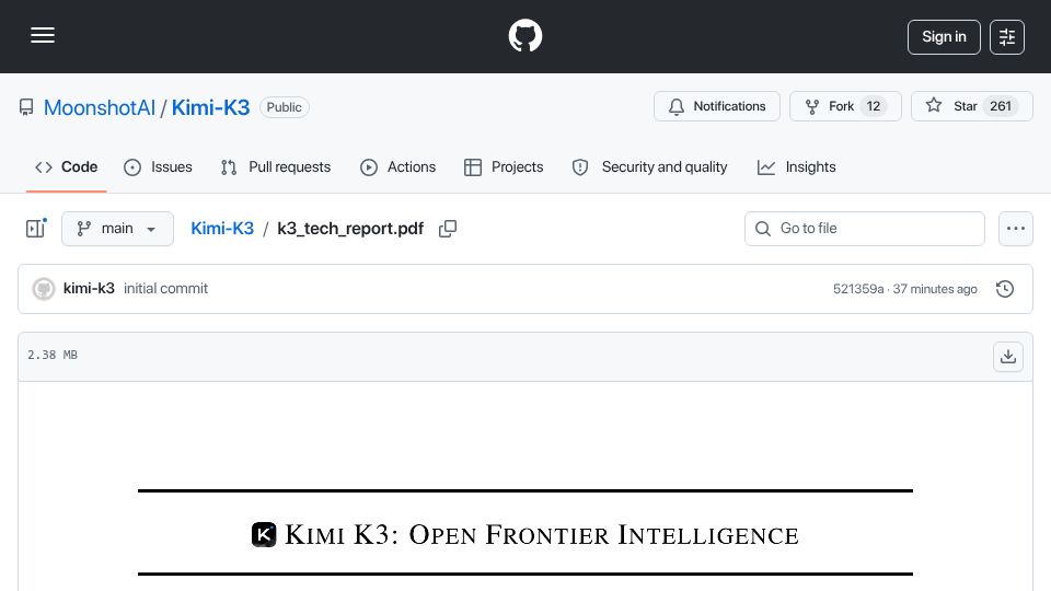 Screenshot of github.com: Kimi-K3 Technical Report [pdf]