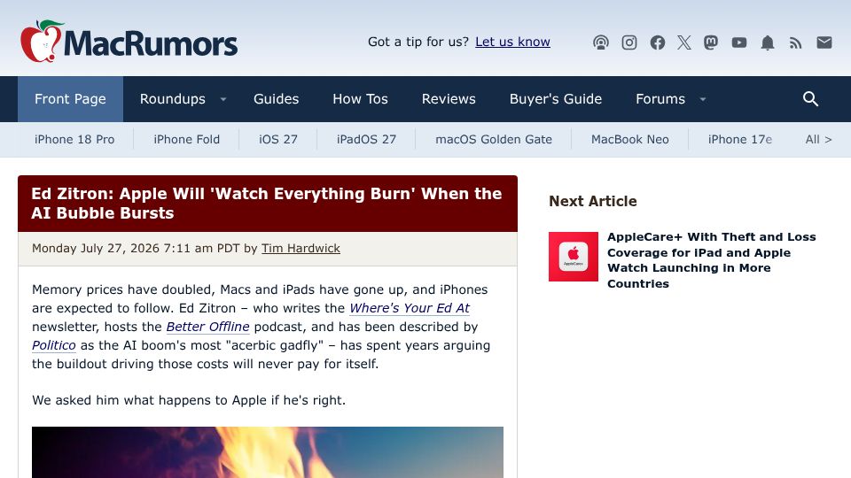 Screenshot of macrumors.com: Apple Will 'Watch Everything Burn' When the AI Bubble Bursts