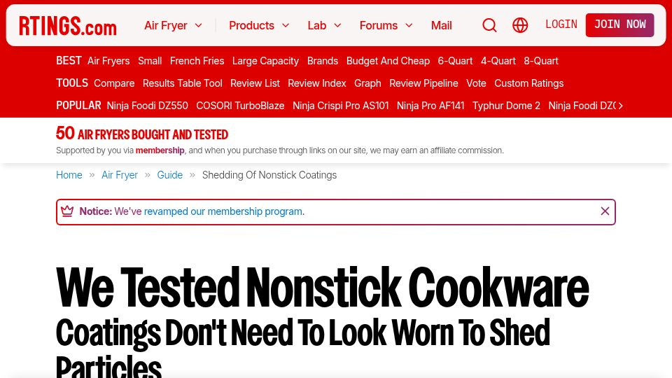 Screenshot of rtings.com: We Tested Nonstick Cookware: Coatings Don't Need to Look Worn to Shed Particles