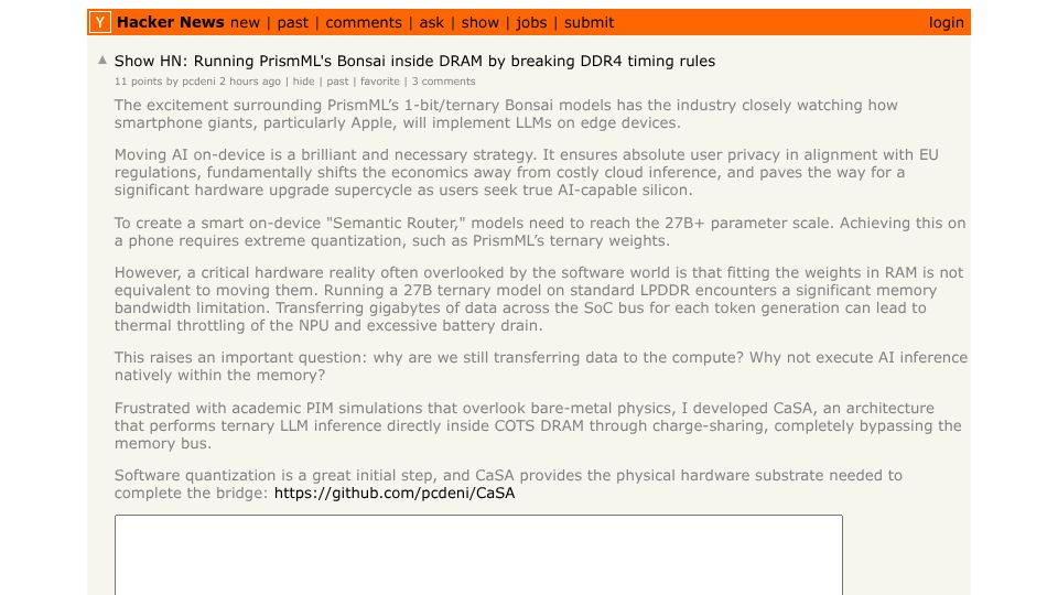 Screenshot of Hacker News post: Show HN: Running PrismML's Bonsai inside DRAM by breaking DDR4 timing rules