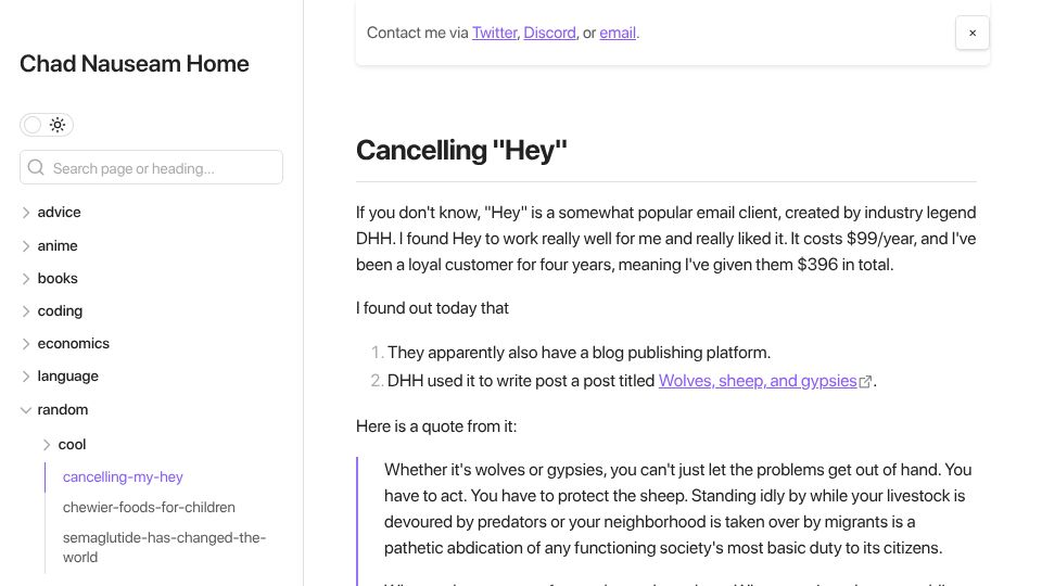 Screenshot of chadnauseam.com: Canceling "Hey"