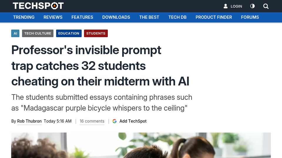 Screenshot of techspot.com: Professor's invisible prompt trap catches 32/35 students cheating with AI