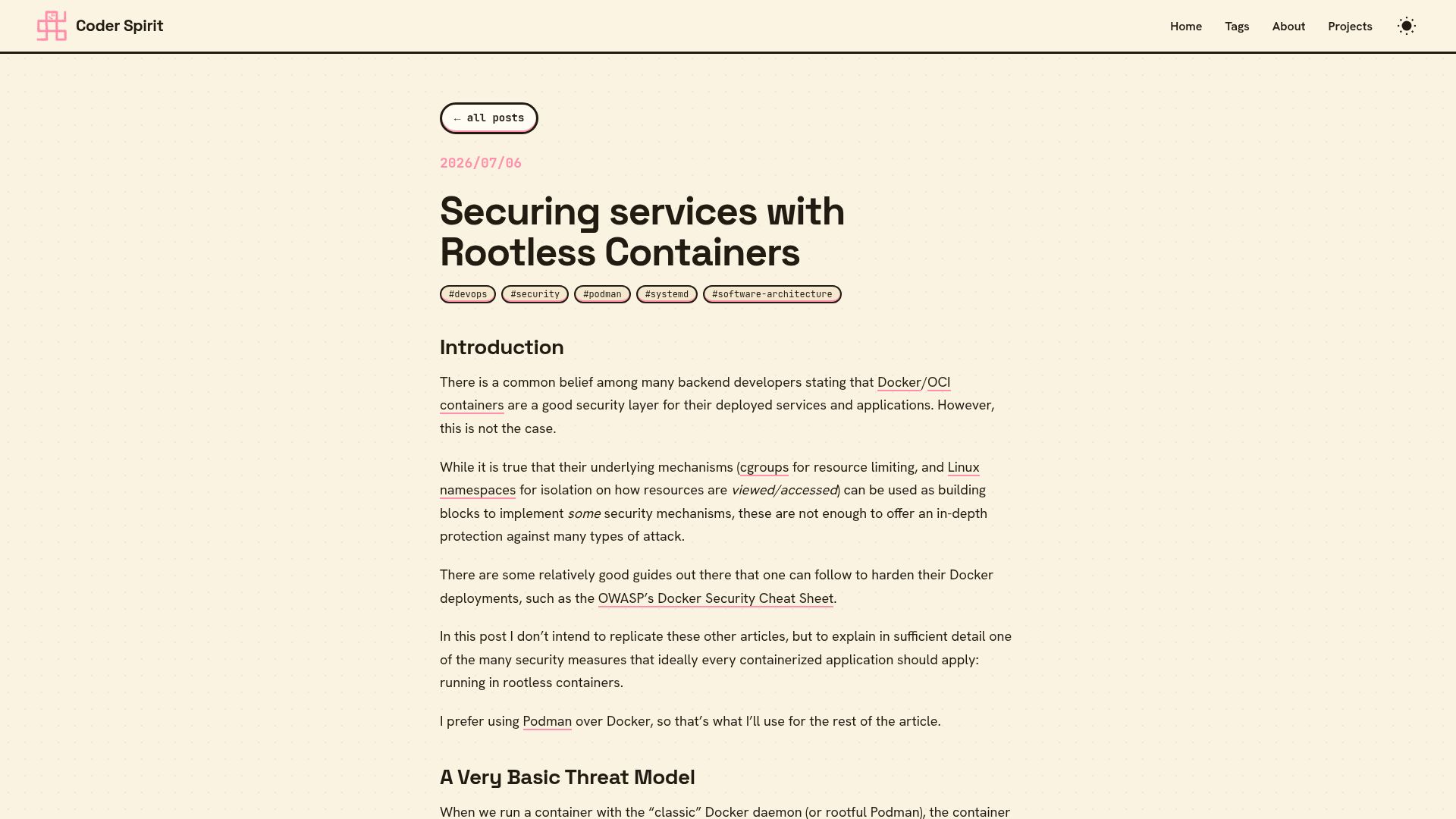 Screenshot of blog.coderspirit.xyz: Securing Services with Rootless Containers