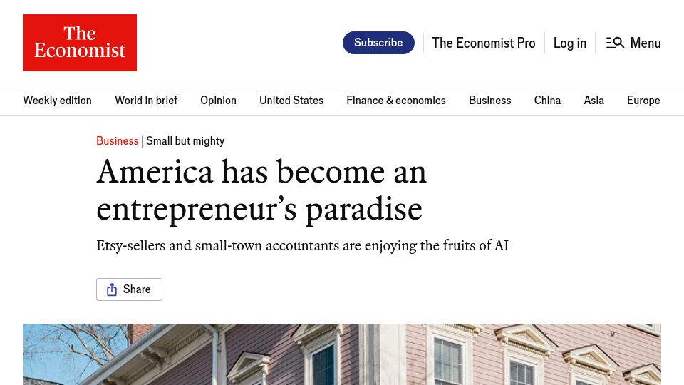 Screenshot of economist.com: America has become an entrepreneur's paradise