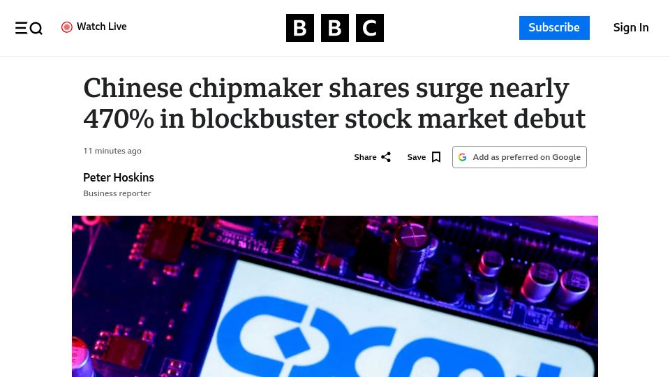 Screenshot of bbc.com: Chinese chipmaker shares surge 470%