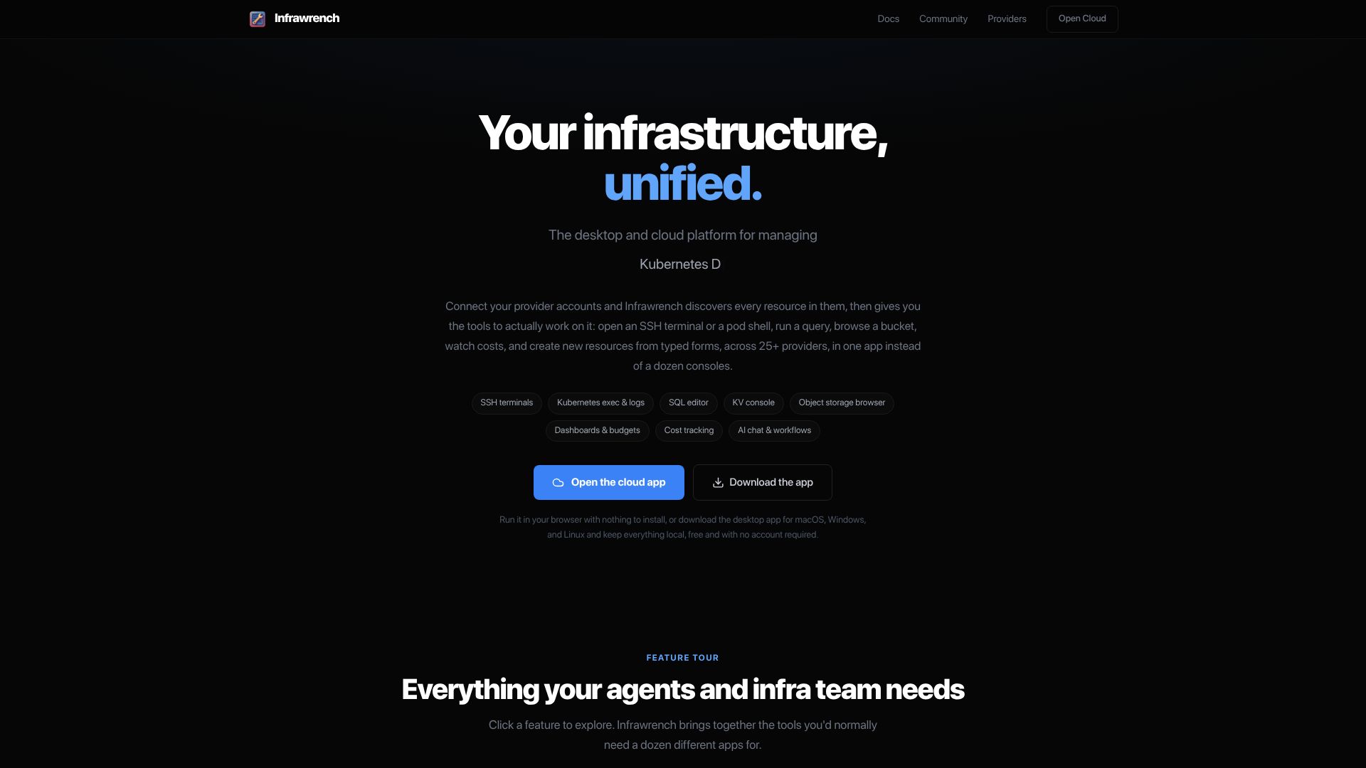 Screenshot of infrawrench.com: Show HN: Infrawrench – A tool to manage cloud and svcs with workflows and chat