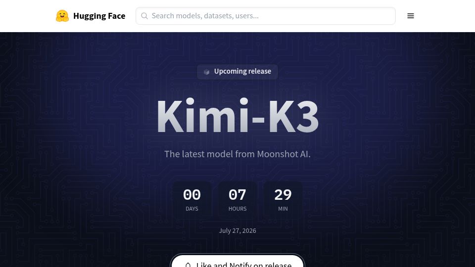 Screenshot of huggingface.co: Kimi-K3 on HuggingFace