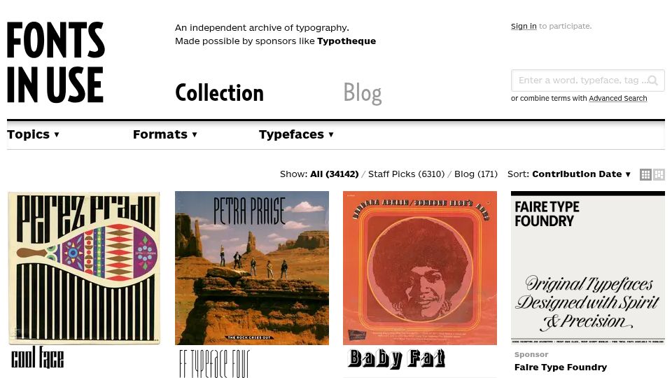 Screenshot of fontsinuse.com: Fonts In Use – Find out where a font is used