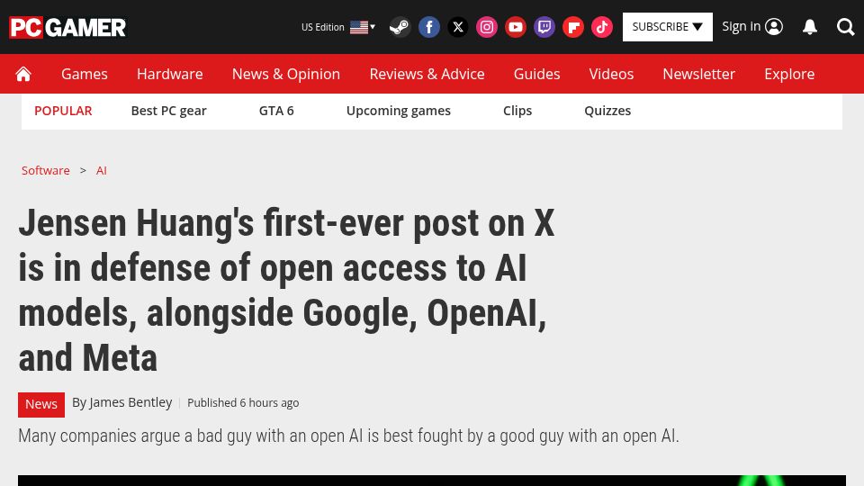 Screenshot of pcgamer.com: Jensen Huang's first-ever post on X is in defense of open access to AI models