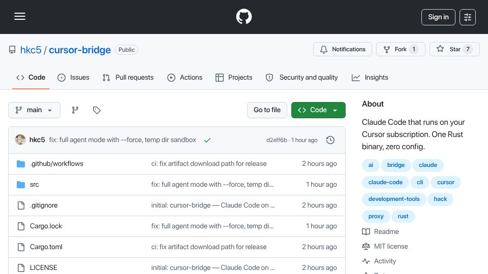 Screenshot of github.com: Cursor Bridge – Run Unlimited Claude Code on Your Cursor Subscription