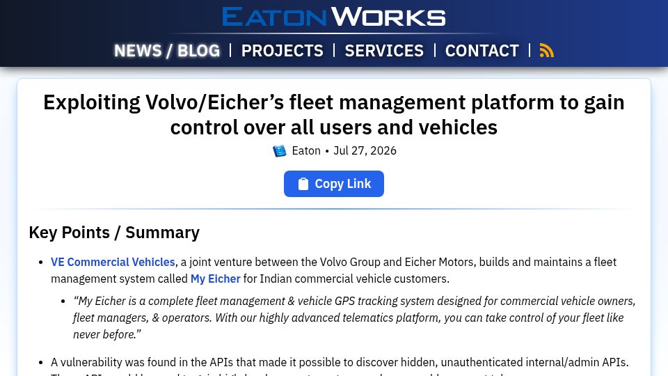 Screenshot of eaton-works.com: Exploiting Volvo/Eicher's fleet platform to gain control over all users/vehicles
