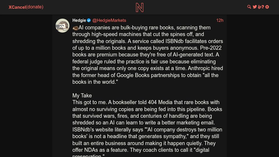 Screenshot of twitter.com: AI companies are shredding rare books