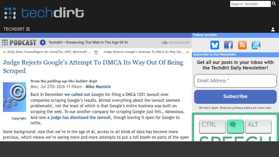 Screenshot of techdirt.com: Judge Rejects Google's Attempt to DMCA Its Way Out of Being Scraped