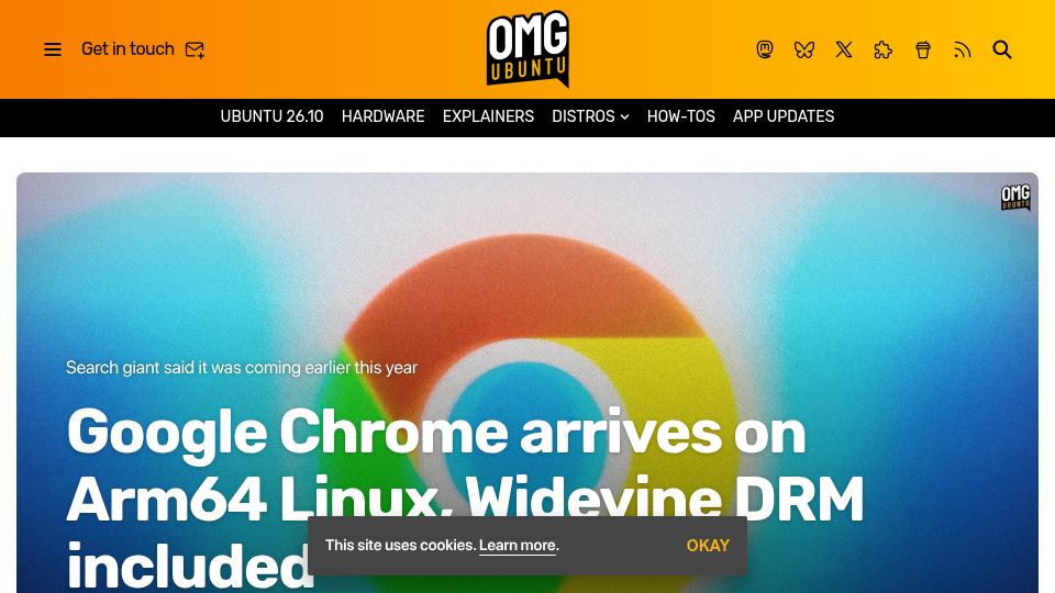 Screenshot of omgubuntu.co.uk: Google Chrome Arrives on ARM64 Linux, Widevine DRM Included