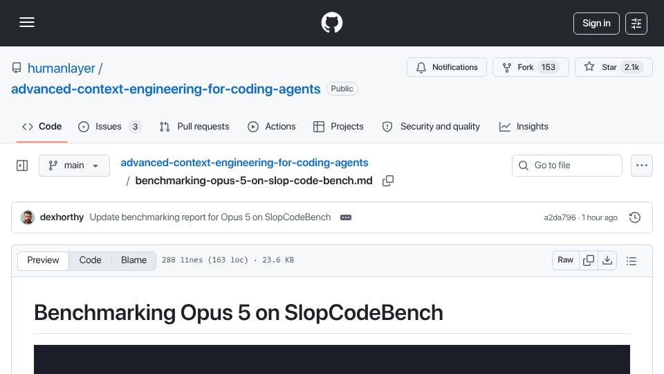 Screenshot of github.com: Benchmarking Opus 5 on SlopCodeBench