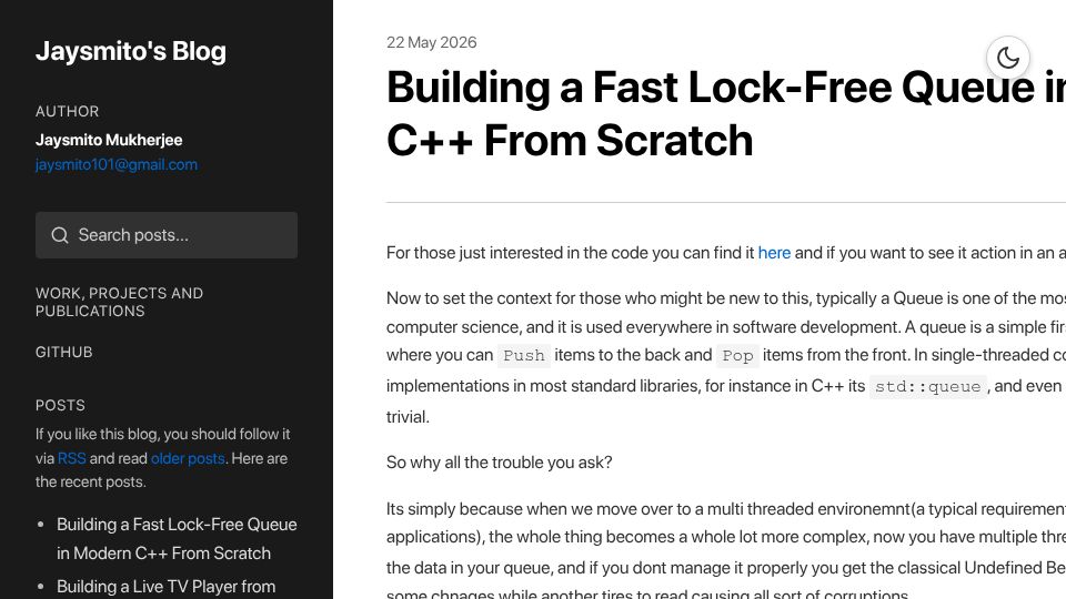 Screenshot of blog.jaysmito.dev: Building a Fast Lock-Free Queue in Modern C++ from Scratch