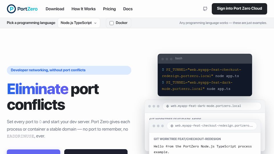 Screenshot of portzero.net: Show HN: Port Zero – How I learned to stop worrying and love PORT=0
