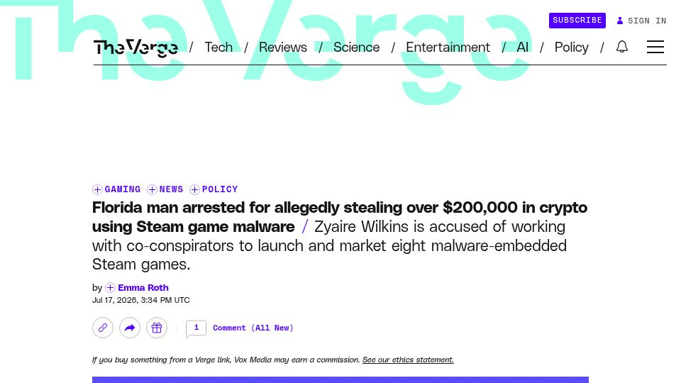 Screenshot of theverge.com: Bitcoin trail, Google cookies and Uber Eats orders help tie man to Steam malware