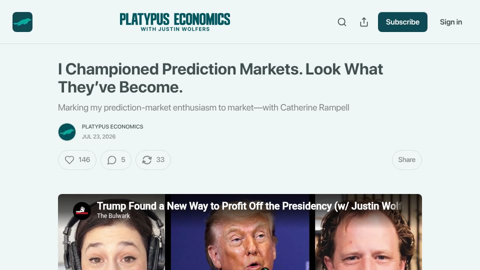 Screenshot of newsletter.platypuseconomics.com: I Championed Prediction Markets. Look What They've Become