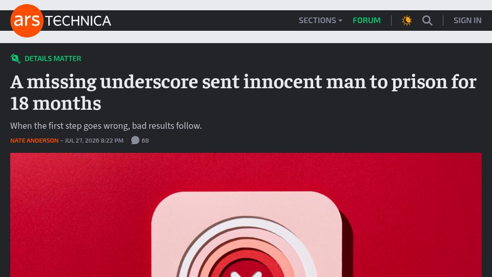 Screenshot of arstechnica.com: A missing underscore sent innocent man to prison for 18 months