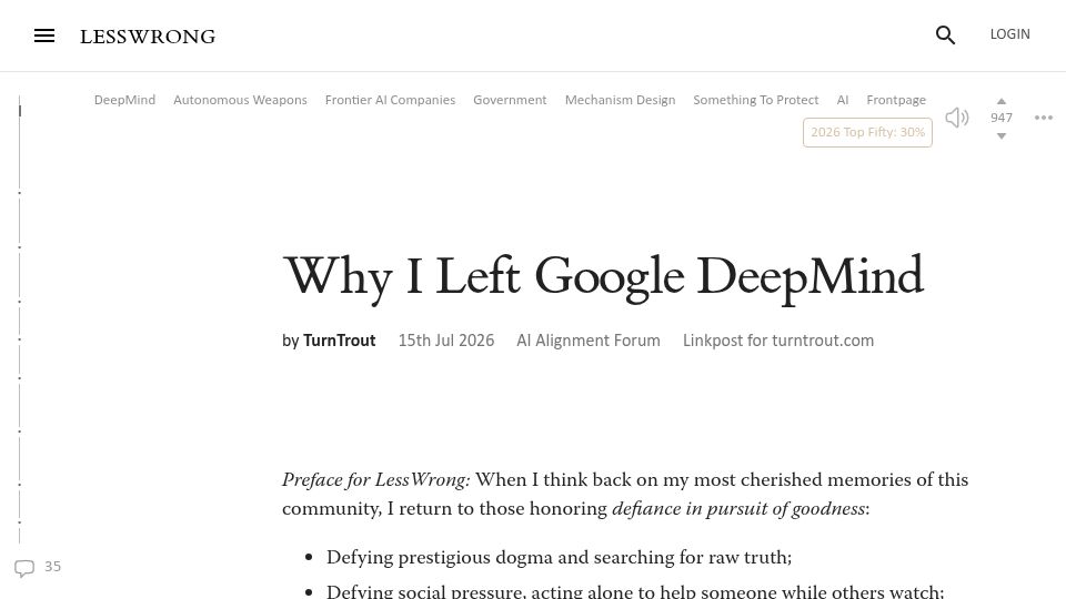 Screenshot of lesswrong.com: Why I Left Google DeepMind