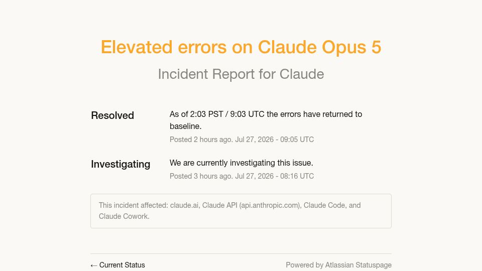 Screenshot of status.claude.com: Elevated errors on Claude Opus 5