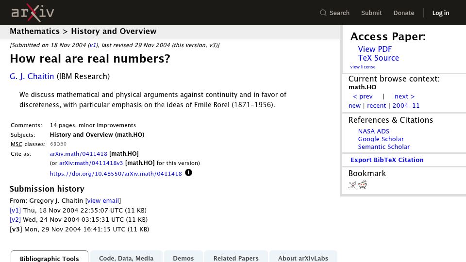 Screenshot of arxiv.org: How real are real numbers? (2004)