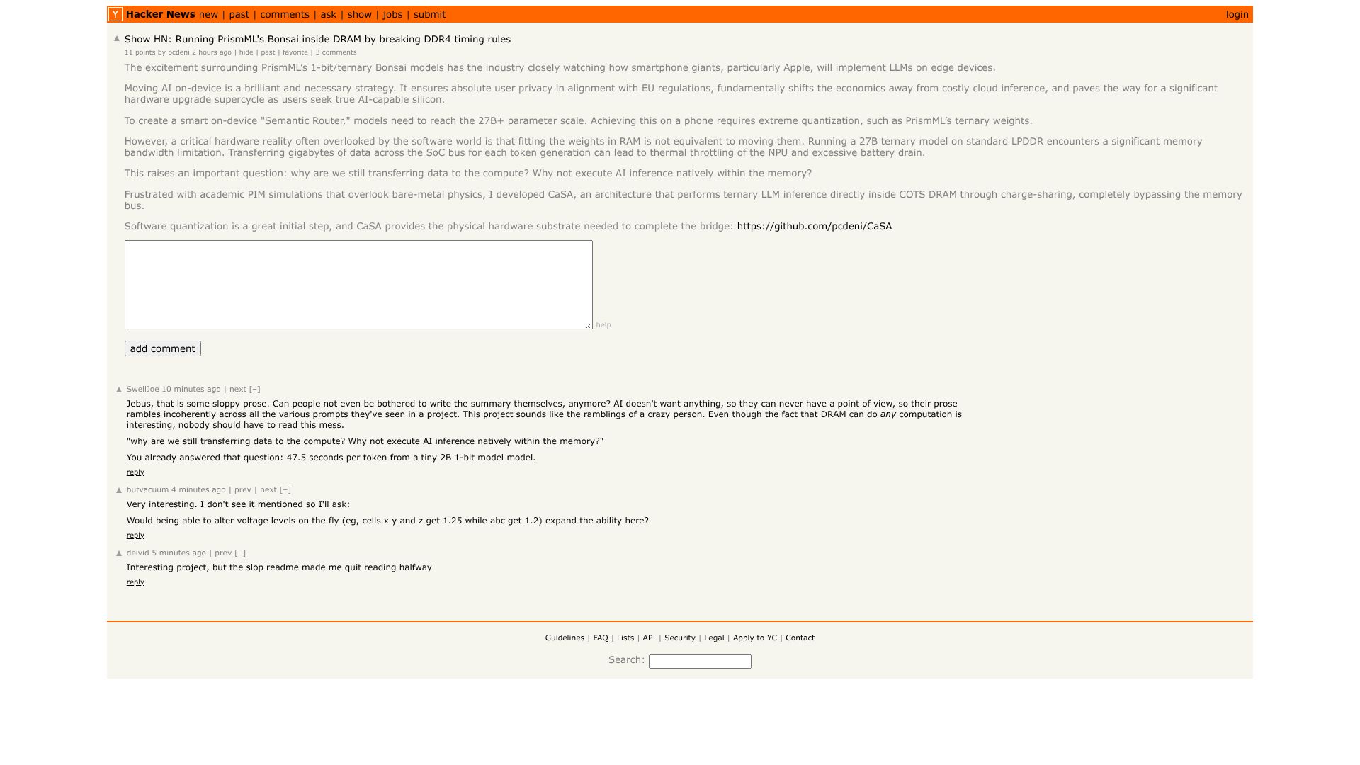 Screenshot of this Hacker News post: Show HN: Running PrismML's Bonsai inside DRAM by breaking DDR4 timing rules