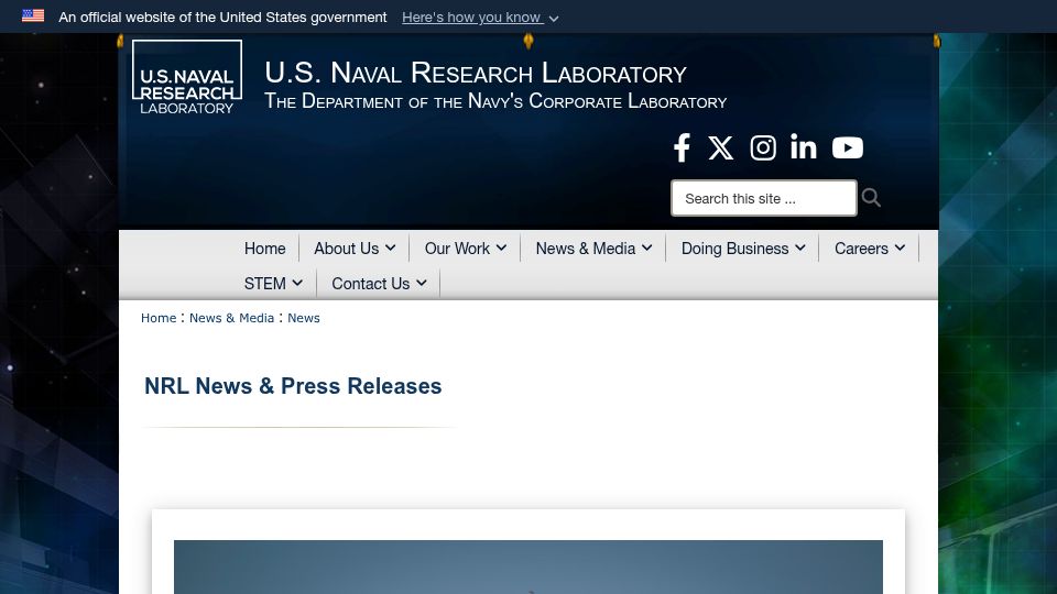 Screenshot of nrl.navy.mil: First Robotic Satellite Servicer Launched