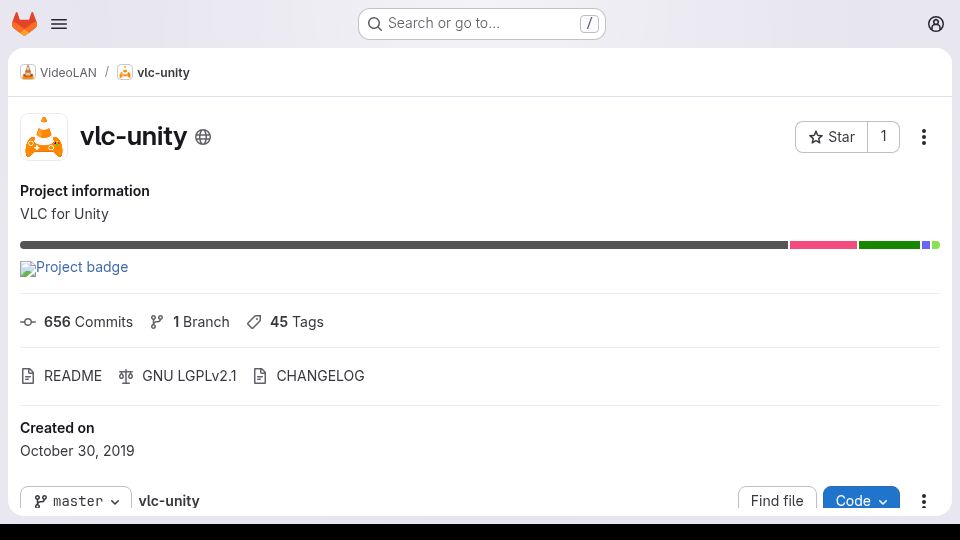 Screenshot of code.videolan.org: VLC for Unity now supported on Linux