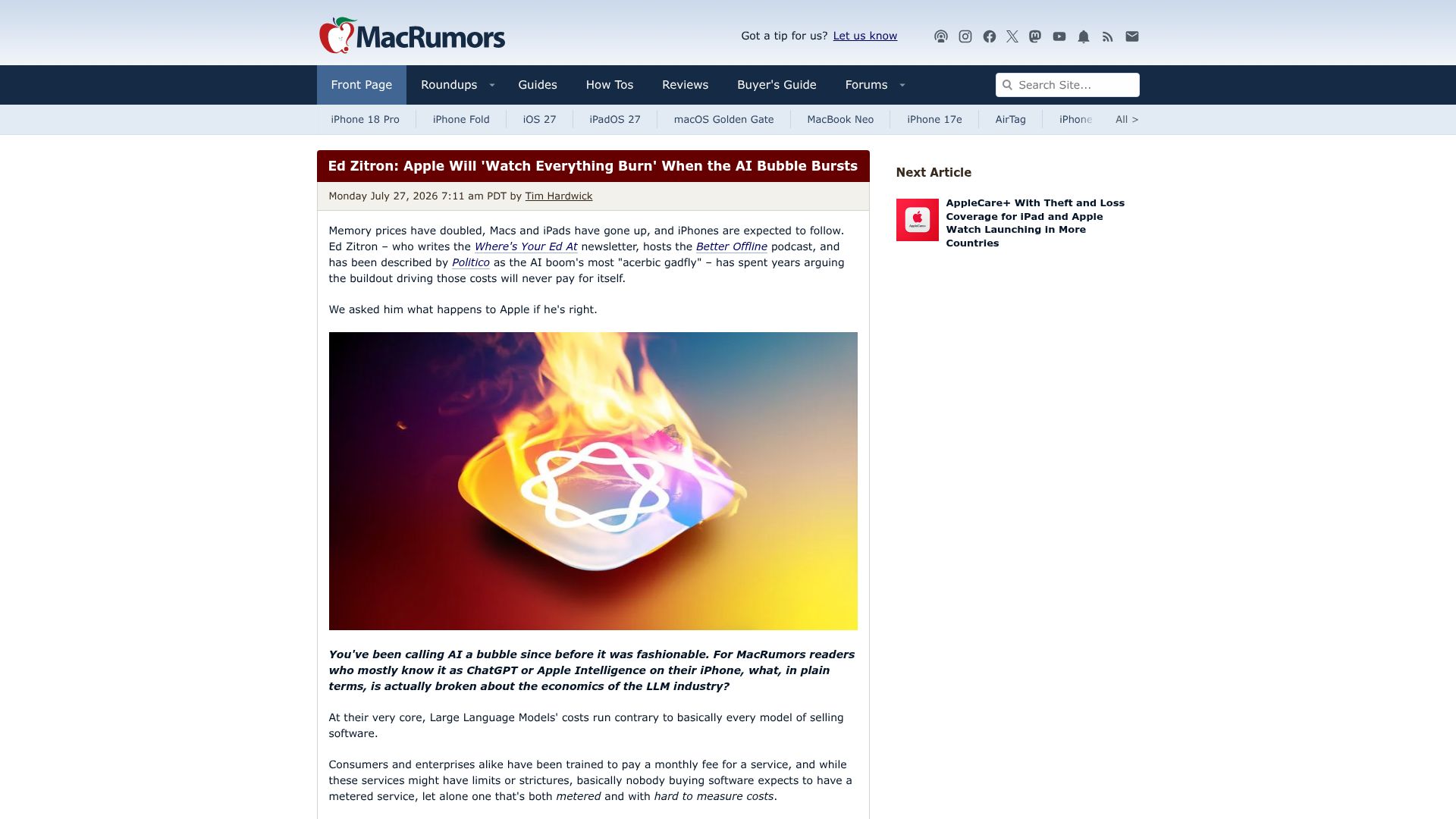 Screenshot of macrumors.com: Apple Will 'Watch Everything Burn' When the AI Bubble Bursts